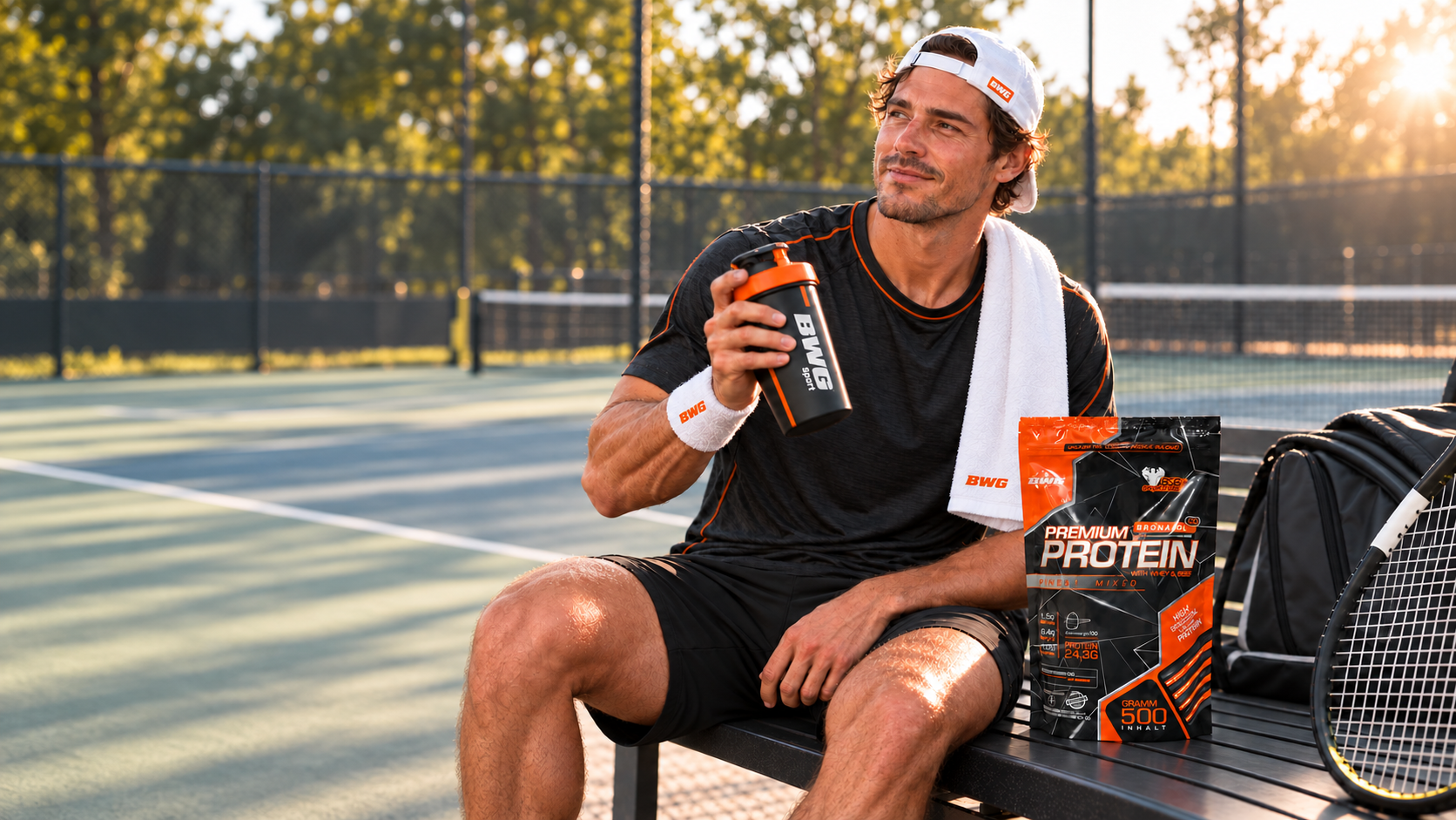 Athlet auf dem Tennisplatz mit BWG Shaker in der goldenen Stunde