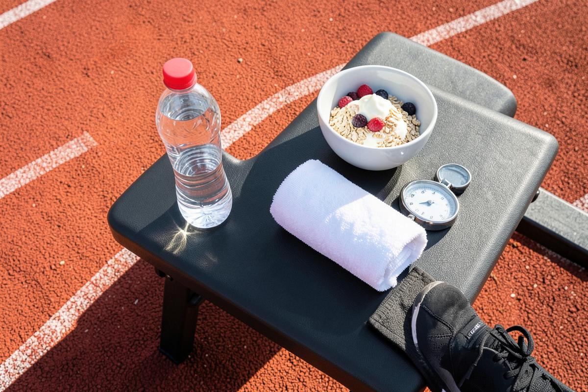 Wasser, Frühstück, Trainingsschuhe und Stoppuhr als Grundlagen des Trainingsalltags